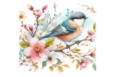 sets of 8 watercolor painting of bird and spring flower