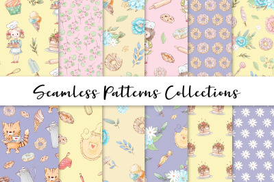 Cute Confectioner. Set of seamless patterns digital paper.