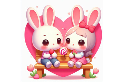 sets of 8 A 2D Two cute bunny lovers on pink hearts shaped