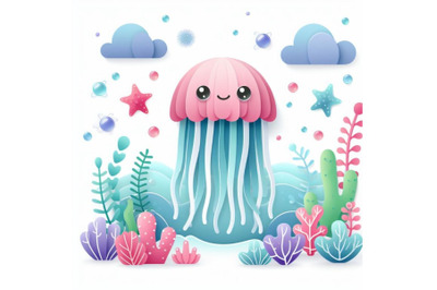 Isolated cute jellyfish Paper art layer background Vector