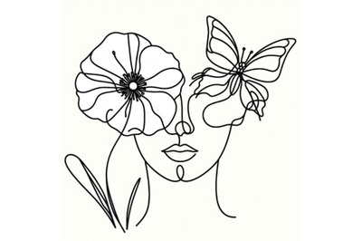 One single line drawing poppy with butterfly line art