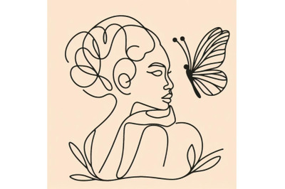 One single line drawing woman with butterfly line art