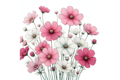 pink and white cosmos bouquet hand drawing Minimal art