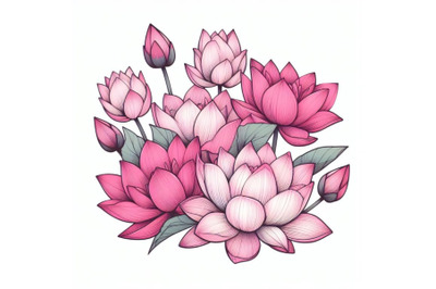 pink lotus bouquet hand drawing Minimal art flower