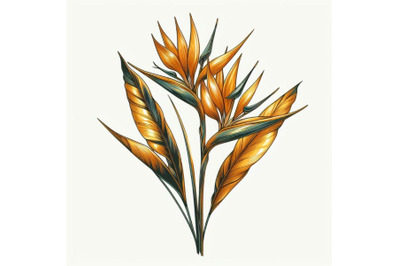 Strelitzia bouquet hand drawing golden flower. Minimal art flower