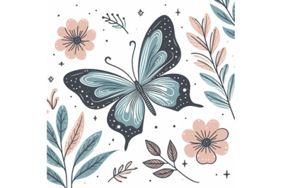 Trendy butterfly line art vector. Minimal drawing cute flower illustra