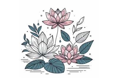 Trendy lotus line art vector. Minimal drawing cute flower