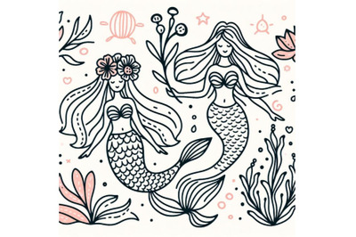Trendy mermaid line art vector. Minimal drawing cute flower