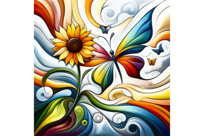 Abstract art - painting with a sunflower and a butterfly