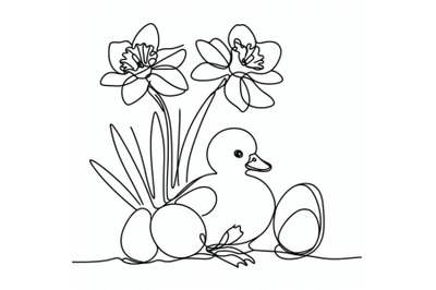 Abstract baby duck, eggs, blooming narcissus flower continuous one lin