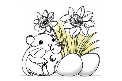 Abstract baby hamster, eggs, blooming narcissus flower continuous one