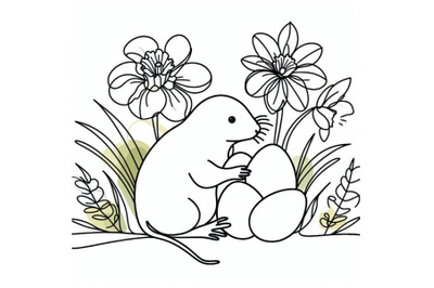 Abstract baby mole, eggs, blooming narcissus flower continuous line