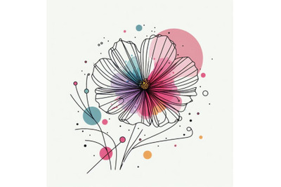 Abstract line art of cosmos flower with color splats. cosmos contour d