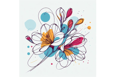 Abstract line art of Freesia flower with color splats. Freesia contour