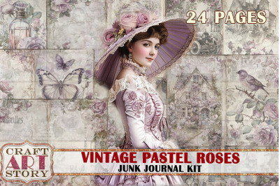 Vintage Pastel roses Junk Journal Kit,scrapbook printables