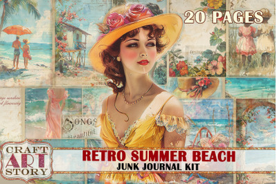 Retro Summer Beach Junk Journal Pages, printables digital