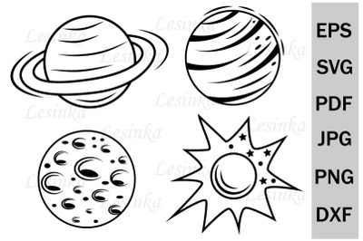 Planets, space, clipart for printing, svg, contour coloring