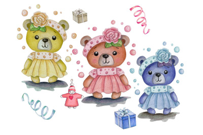 Three cute teddy bears girls in dresses.