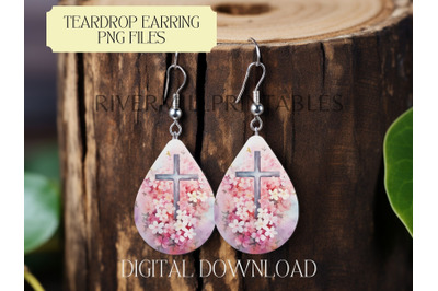 Cross With Flowers Teardrop Sublimation Earring PNG