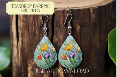 Spring Flowers Teardrop Sublimation Earring PNG