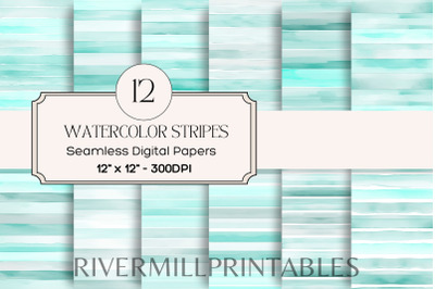 Mint Green Seamless Watercolor Stripes Digital Paper Pack