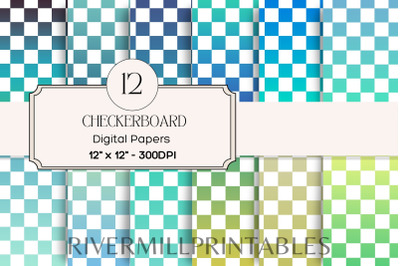 Blue &amp; Green Checkerboard Background Digital Paper Pack