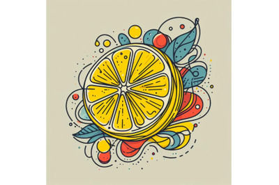 Abstract line art of lemon with color splats. lemon contour drawing