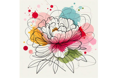 Abstract line art of peony flower with color splats. peony contour dra