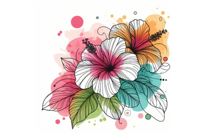 Abstract line art of tropical hibiscus with color splats.hibiscus cont