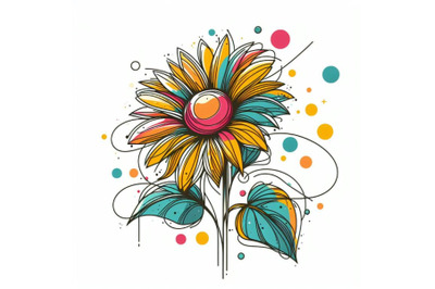 Abstract line art of tropical sunflower with color splats