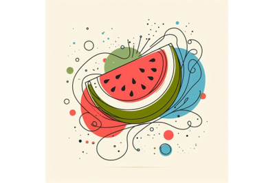 Abstract line art of watermelon with color splats. watermelon contour