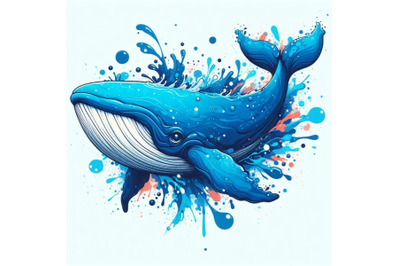 Abstract splash art poster of blue whale on white background