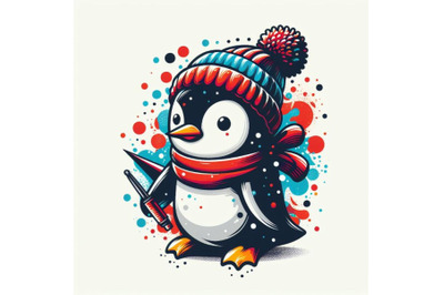 Abstract splash art poster of penguin on white background