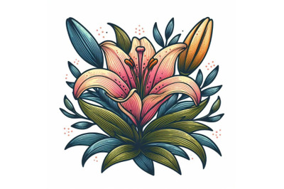colorful line art decoration of lily flower with leaves