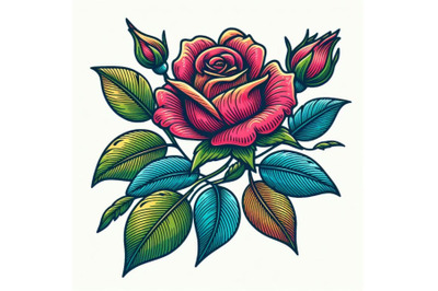 Contour engraving bud. colorful line art decoration of rose flower wit