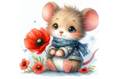 Cute teddy mouse holding a red poppy illustration watercolor