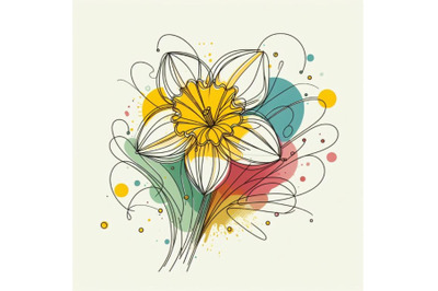 Abstract line art of daffodil flower with color splats. Daffodil