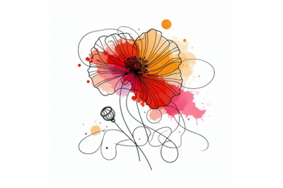 Abstract line art of poppy flower with color splats