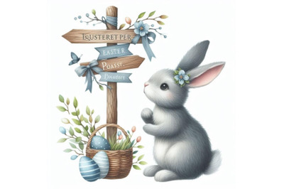 12 Watercolor Easter bunny with sign set
