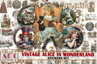 Vintage Alice Wonderland stickers set&2C;fussy cuts&2C;scrapbook