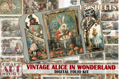 Vintage Alice Wonderland Folio Kit,fussy cuts,Cards set