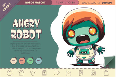 Angry Cartoon Robot. T-Shirt, PNG, SVG.