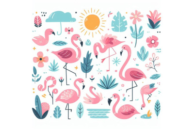 12 Cartoon Flat Cute Flamingo Biset