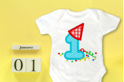 Birthday or New Year 1 with Party Hat | Applique Embroidery