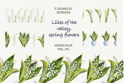 Seamless borders with lilies of the valley. Watercolor