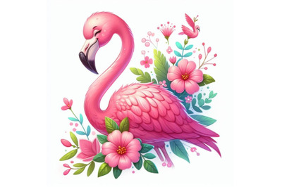 12 pink flamingo with flowers. dset