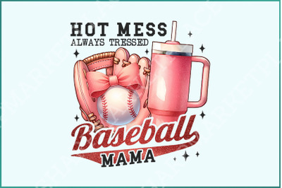 Hot Mess Mom &amp; Baseball Mama PNG: Trending Glitter Sublimation Design, Retro Softball, Baseball Season Digital Download, Best Seller