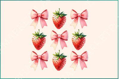 Coquette Strawberry and Pink Bow PNG - Trendy Coquette Aesthetic, Preppy Digital Download, Cottagecore Ribbon, Strawberry Grid Design
