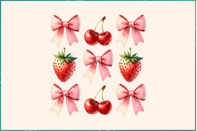 Coquette Cherry Bow PNG, Strawberry PNG Bundle - Coquette Pink Bows &amp; Fruits Design, Soft Girl Aesthetic, Preppy Sublimation, Cottagecore
