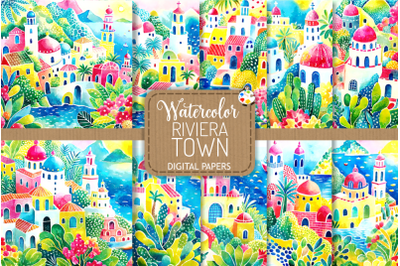 Riviera Town - Idyllic Watercolor Landscape Scenes